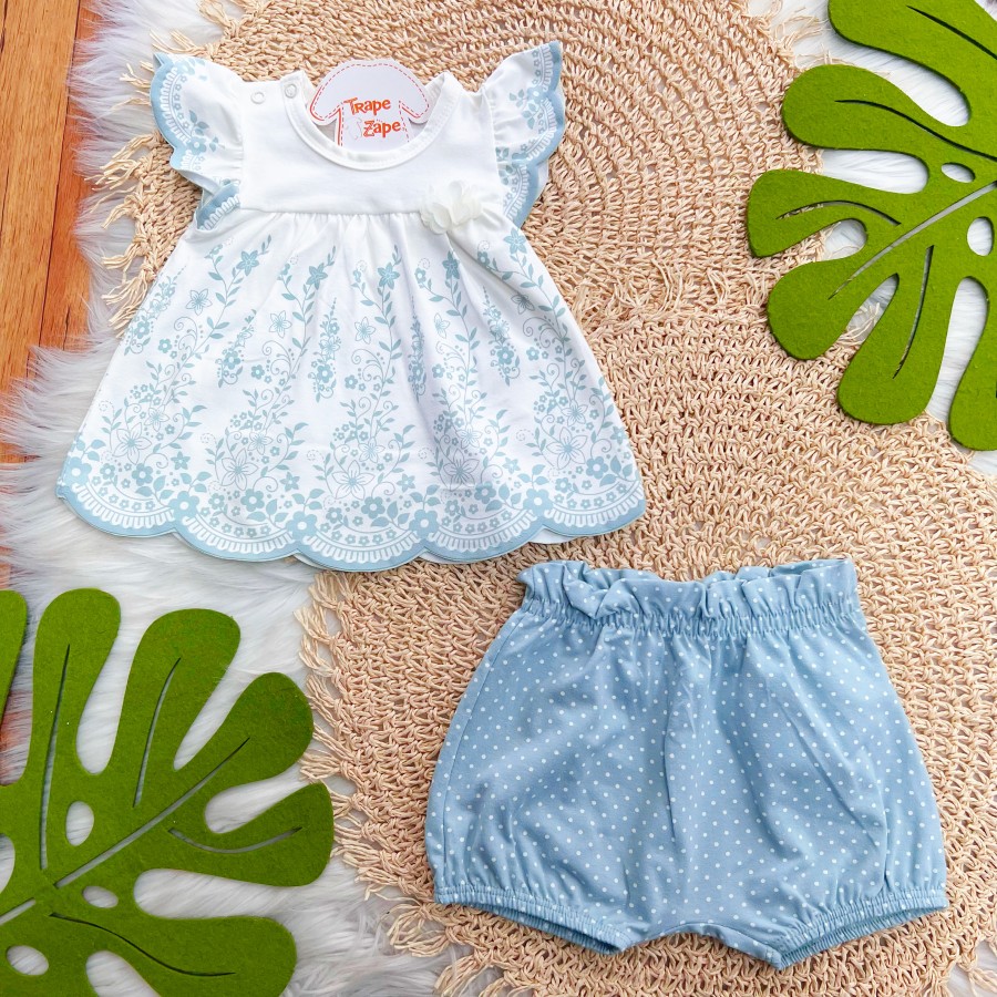 Conj. Batinha com Flores e Short Poá - Verde Pastel e Off White